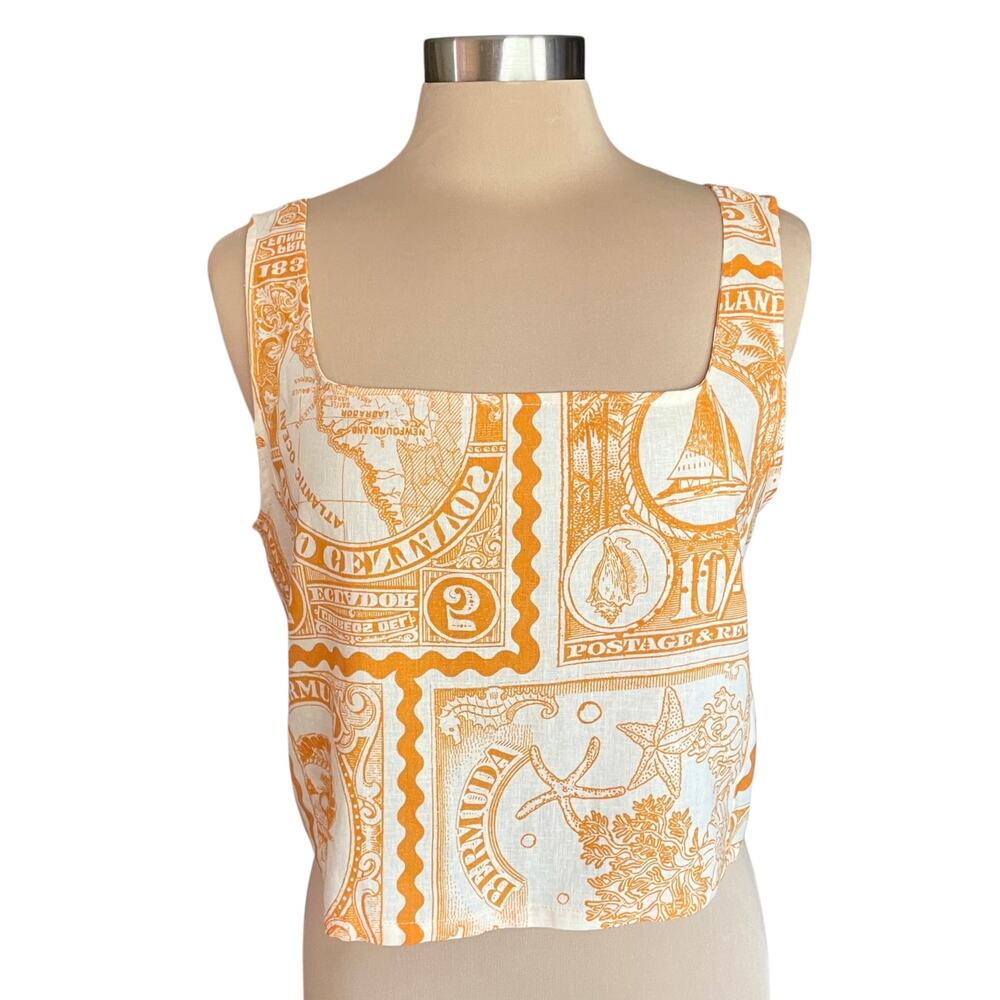 Artlier Nicole Miller Linen Blend Crop Top LG Postal Print Smocked Back Travel